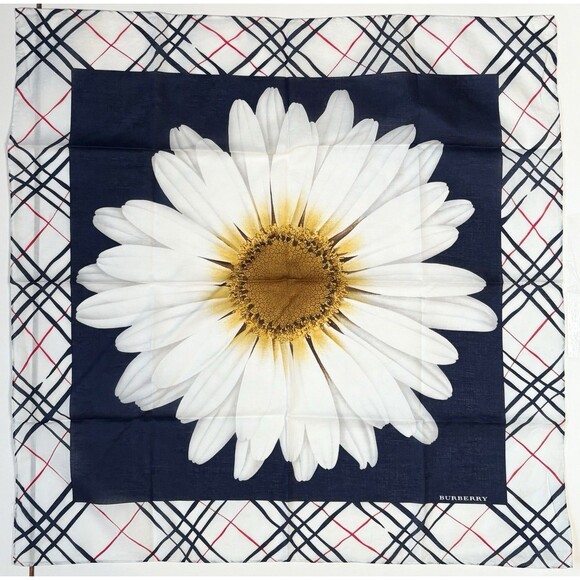 Burberry Scarf w/ Large White Daisy White Navy Red Nova Check Border Floral - Picture 1 of 8